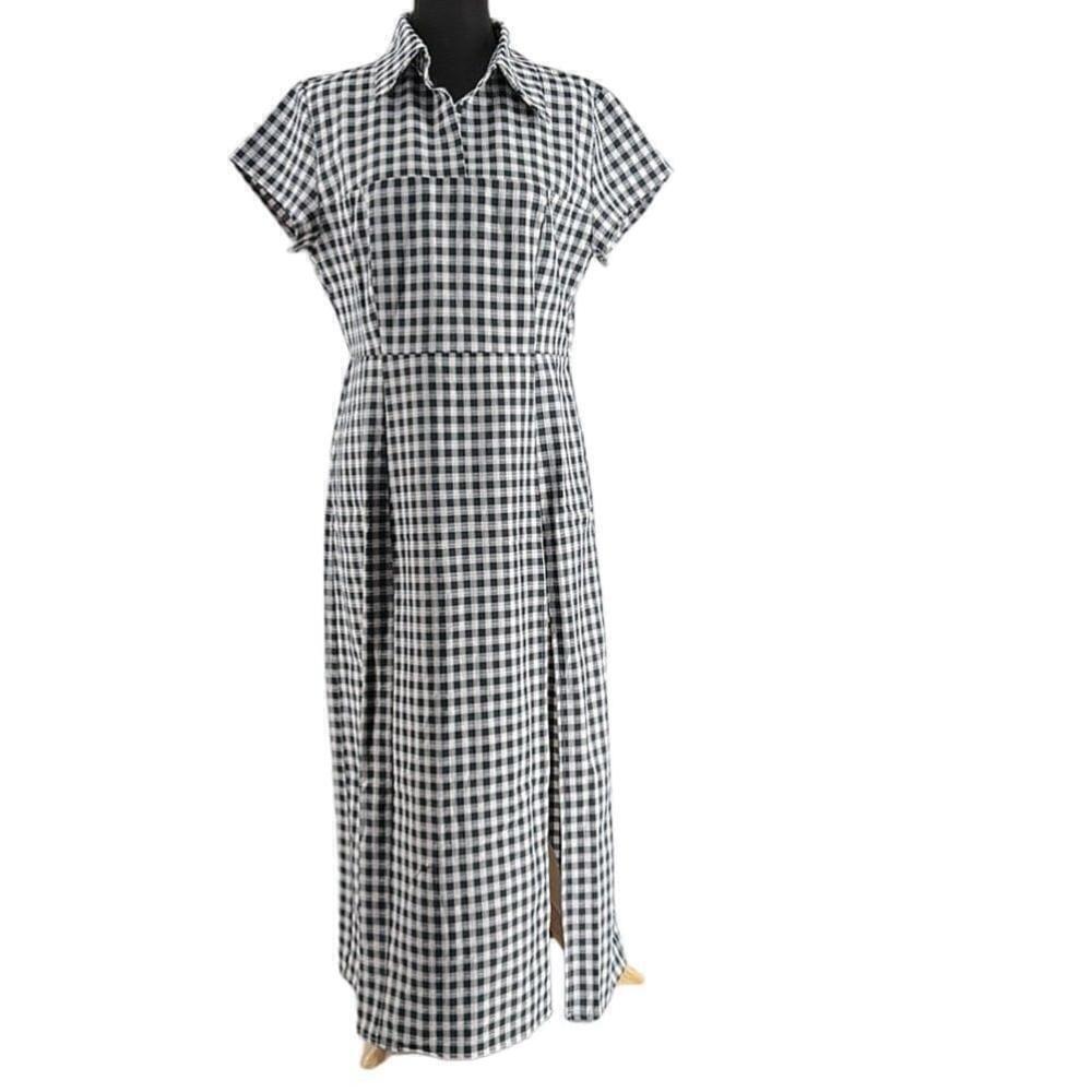 Ghospell Dress Light Squares Midi Dress gingham dress blouse slit sz lg NWT